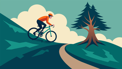 Dodging roots and rocks a rider expertly navigates a steep downhill trail their arms and legs working in unison to maintain control.. Vector illustration