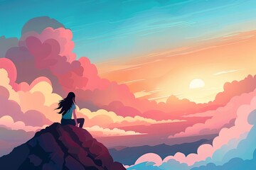 A girl sitting at the top of a mountain, looking at the beautiful sky and clouds, in the style of a cartoon