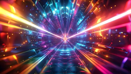 Obraz premium Vibrant 3D hyperspace tunnel with rainbow colors laser beams and abstract geometry. Concept Abstract Art, 3D Design, Rainbow Colors, Hyperspace Tunnel, Laser Beams