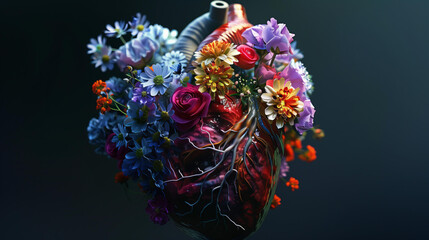 anatomic heart made of flowers, colorful, vibrant, black background, realistic, 3d render - obrazy, fototapety, plakaty