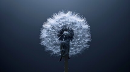   A tight shot of a dandelion against a dark backdrop, illuminated from its heart