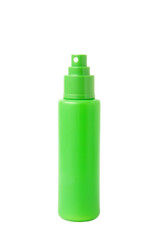 Green bottle of insect repellent spray isolated on white background