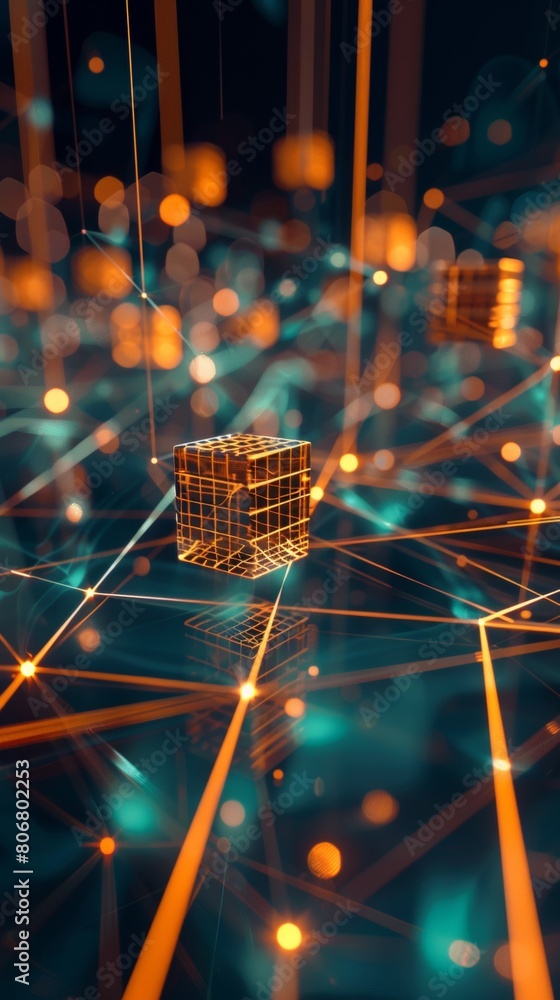 Poster A dynamic wireframe visualization of network traffic, data packets represented by small, glowing cubes moving along lines