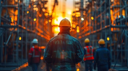Obraz premium Workers in hard hats busy on a construction project, abstract , background