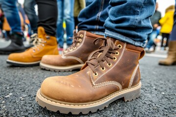 Close-up of Pedestrian's Shoes Walking on Urban Street - City trip Travel journey, Dynamic Motion, March Protest