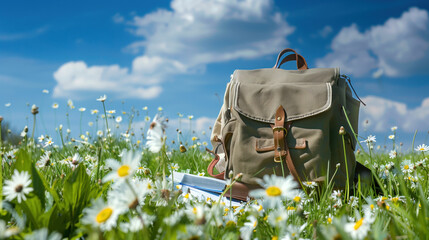 Backpack resting in a field of daisies under a clear blue sky.