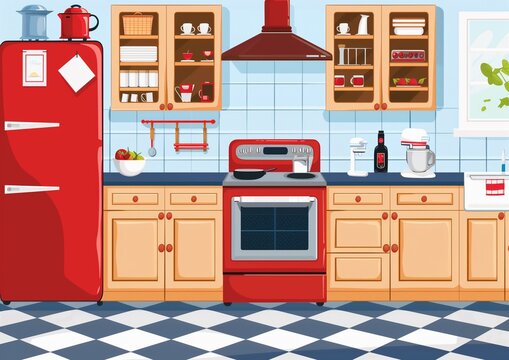 Modern Red Kitchen Interior with Appliances and Cabinets Illustration.