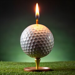 image of a golf ball on a tee with a birthday candle stuck into the golf ball, as if it's being used as a birthday cake