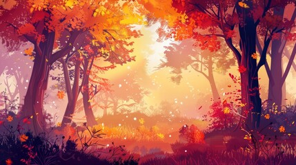 Fall Forest Landscape Bathed In Autumn Sunshine, Painting The World In Hues Of Gold And Amber, Evoking A Sense Of Nostalgia And Warmth, Cartoon Background