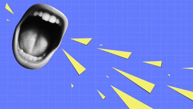 Punk collage. Halftone-style mouth open in a scream. Triangles fly out of it like an abstract sound. Bright blue checkered background with yellow lines. Grunge y2k vector banner.