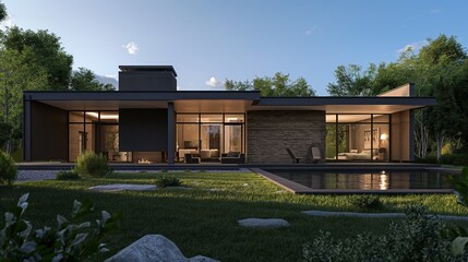 A Modern House With A Swimming Pool In The Backyard.