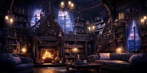 3d illustration of a living room with fireplace and bookshelf