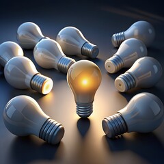 One of Lightbulb glowing among shutdown light bulb in dark area with copy space for creative thinking , problem solving solution and outstanding concept by 3d rendering technique