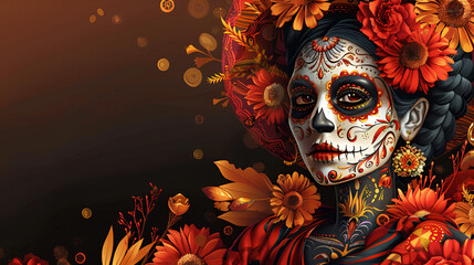 El Dia de Muertos, Craneo pintado para el dia de los muertos sobre un fondo morado lleno de flores, Generative Ai 
