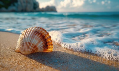 A beautiful seashell sits on the beach as the tide comes in.