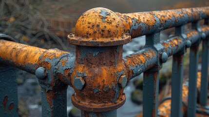 A close up of a rusty railing with a blurred background.