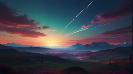 "Enter a world of surreal beauty with our 3D render generator. Watch as a fantasy landscape unfolds before your eyes, with a stunning sunset sky as the backdrop. The abstract panoramic background will