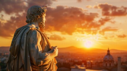 Fototapeta premium An ancient statue overlooking a city with a breathtaking sunset in the background, invoking a sense of history and serenity