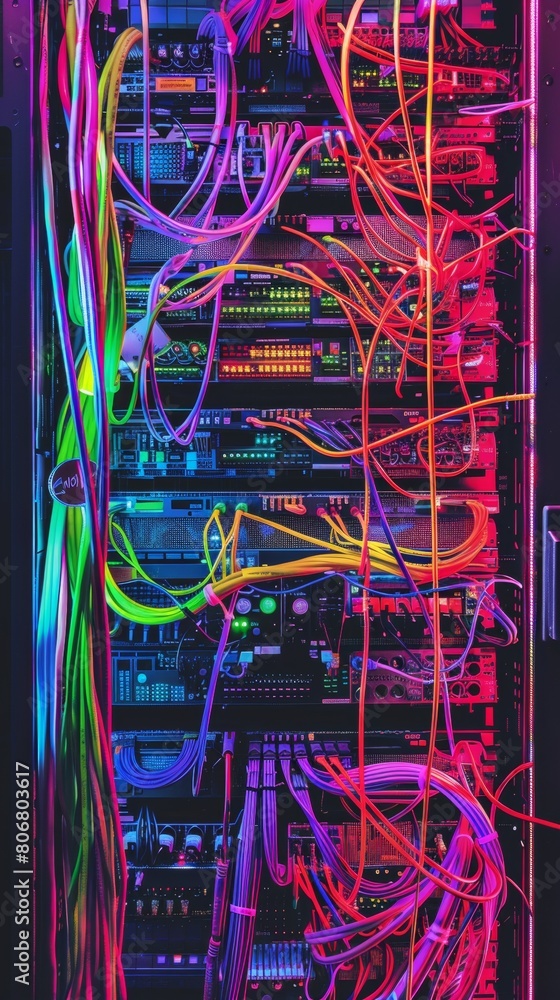 Poster a pixelated tangle of brightly colored network cables behind a server rack, creating a chaotic yet n