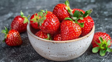   A bowl brimming with ripe strawberries atop a black counter, adjacent lies another bowl filled with the same luscious fruit