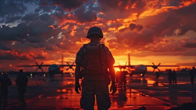 A soldier stands alone on a runway at sunset.