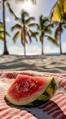 A sliced watermelon wedge on a beach towel, glistening with juice, palm trees casting shadows in the background