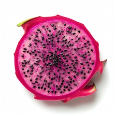 A close-up image of a dragon fruit, cut in half, with a white background. The dragon fruit has a vibrant pink outer skin and a white interior flesh with black seeds.