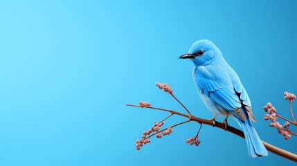 A tranquil blue bird perches gracefully on a slender branch