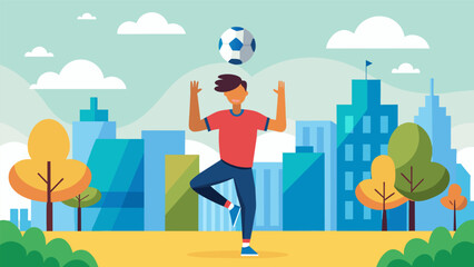 In a bustling city park a young man balances a soccer ball on his head while effortlessly juggling it back and forth between his feet.. Vector illustration