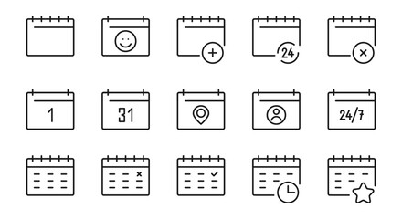 Calendar line icons set. Time and date sign. Schedule symbol. Isolated on a white background. Pixel perfect. Editable stroke. 64x64.