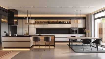 A Modern Kitchen and Dining Room With Light Hardwood Floors And White Walls.