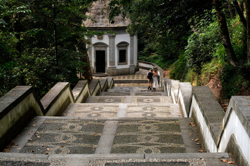 Traditional Portuguese style pavement called Calçada in the stairs of the Bom Jesus do Monte sanctuary near Braga, Portugal