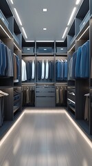 Fototapeta premium A Vertical Image Of A Well-Organized Modern Walk-in Closet With Light Colored Walls And A Light Wooden Floor.