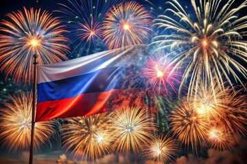Russia. Moscow. The national flag of the Russian Federation on the background of fireworks. The Russian tricolor. Russia Day is celebrated on June 12.