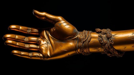 A majestic gold statue depicting a persons lifelike arm and hand in striking detail