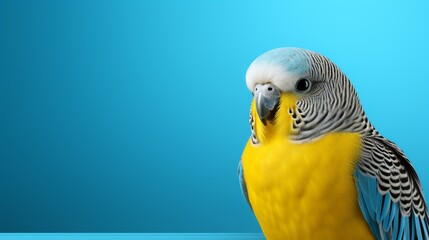 A vibrant blue and yellow bird is gracefully standing on a table