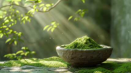 A bowl of green tea matcha sits on a rock in the sun. Matcha is fresh and vibrant, and the sunlight highlights its beauty. Concept of tranquility natural beauty. green powder in a bowl is shown matcha