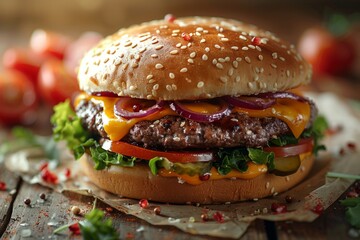 Close up of a hamburger, a staple food in fast food cuisine, on a wooden table