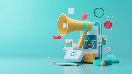 A Megaphone Surrounded By Marketing And Information Technology Icons.