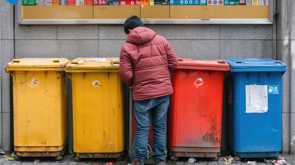 A man in a red jacket emptying dustbins for trash disposal.