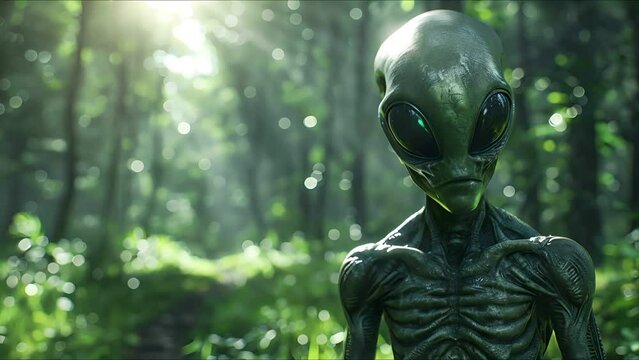 An alien stands in the middle of a dense forest. The alien is tall and slender