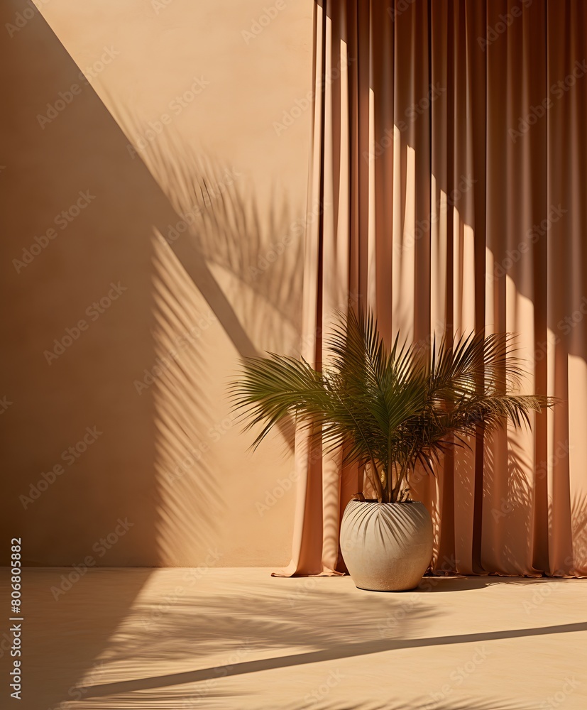Poster ambient elegance enhancing product presentations with a palm leaf shadow overlay in a minimal warm