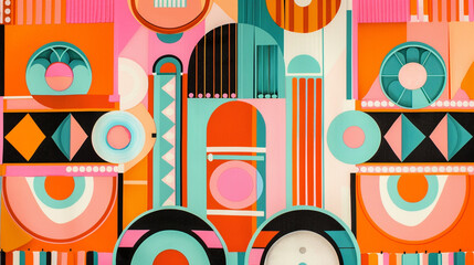 A retro-inspired geometric print in vibrant shades of orange pink and turquoise with bold geometric shapes and psychedelic patterns that evoke the spirit of 1960s mod style