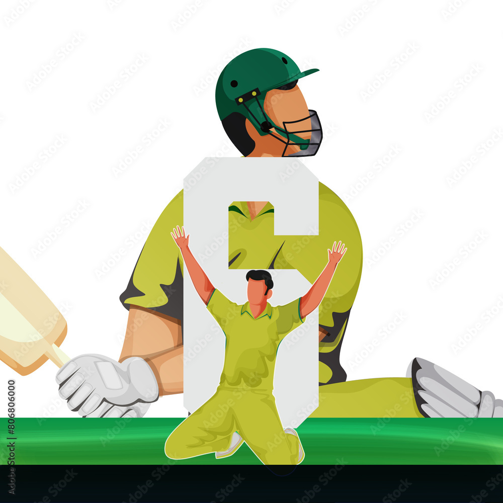 Sticker cricket match poster design with australia bowler, batting player and six number on stadium.