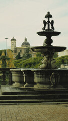 Obraz premium Italy, Lazio, Viterbo, Fountain and terrace of Palazzo dei Priori with Chiesa della Santissima Trinita church in background