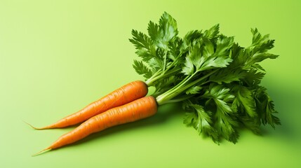 Two fresh carrots casually resting on vibrant green surface
