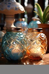 Colorful glass vases on the table. Selective focus.