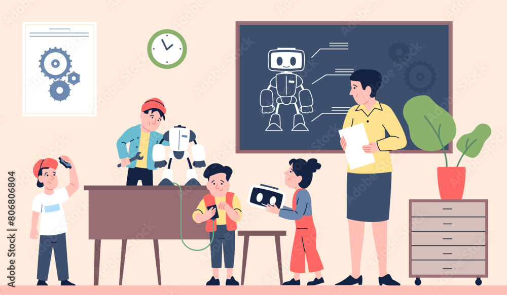Wall mural children robotics project. cute flat kids with teacher making robot or android. course of programmin