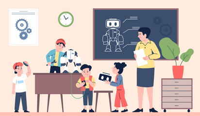 Children robotics project. Cute flat kids with teacher making robot or android. Course of programming cyborgs, smart technologies recent vector scene