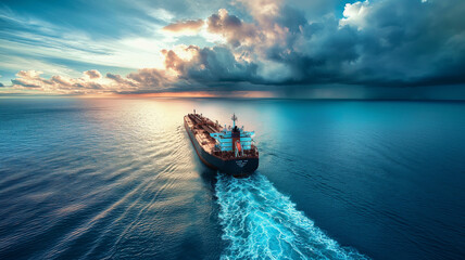 Oil tanker sailing on blue sea with cloudy sky